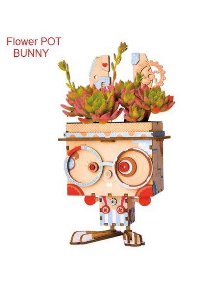Cute Robot Flower Pot - 3D Wooden Puzzle - Building Kits Toy Bunny FT741