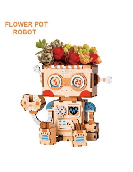 Cute Robot Flower Pot - 3D Wooden Puzzle - Building Kits Toy Robot FT761