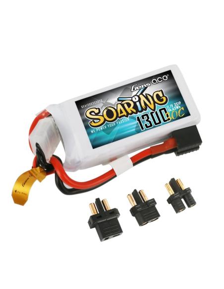 Batería LiPo Soaring 1300mAh 7.4V 30C 2S Gensace con adaptadores XT-60 / D-DEAN / EC3.