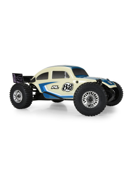 Class 1 VW Bug Blue Race Body Conversion Kit and Flat Iron M/T Tires Mounted 12mm Chrome Diablo (4) for ARRMA TYPHON GRO