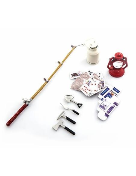 Combo w/ Oil Lamp, Fishing Rod, Poker Card, Milk Can, Tools Set For 1/10 Crawler Black